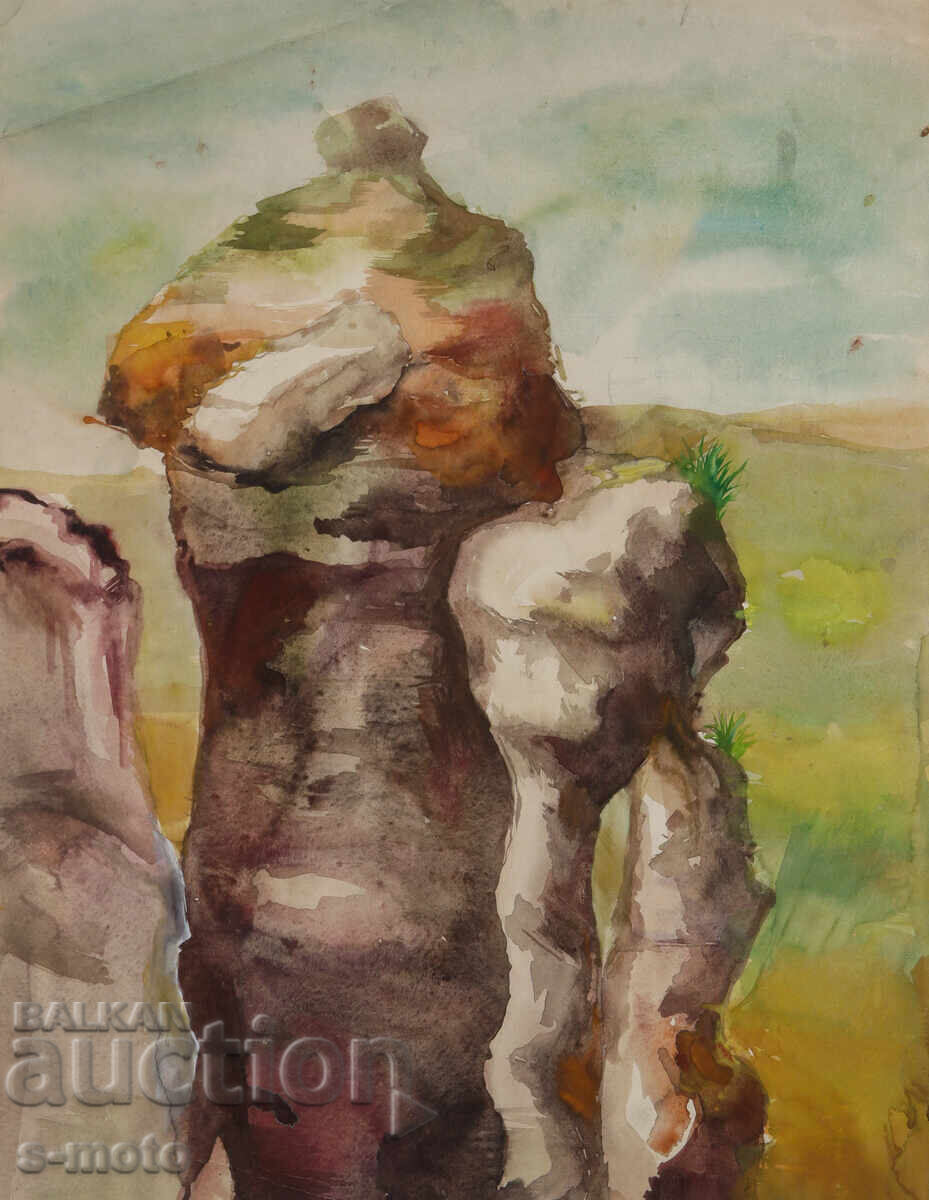 Аукцион Kартина акварел пейзаж скали