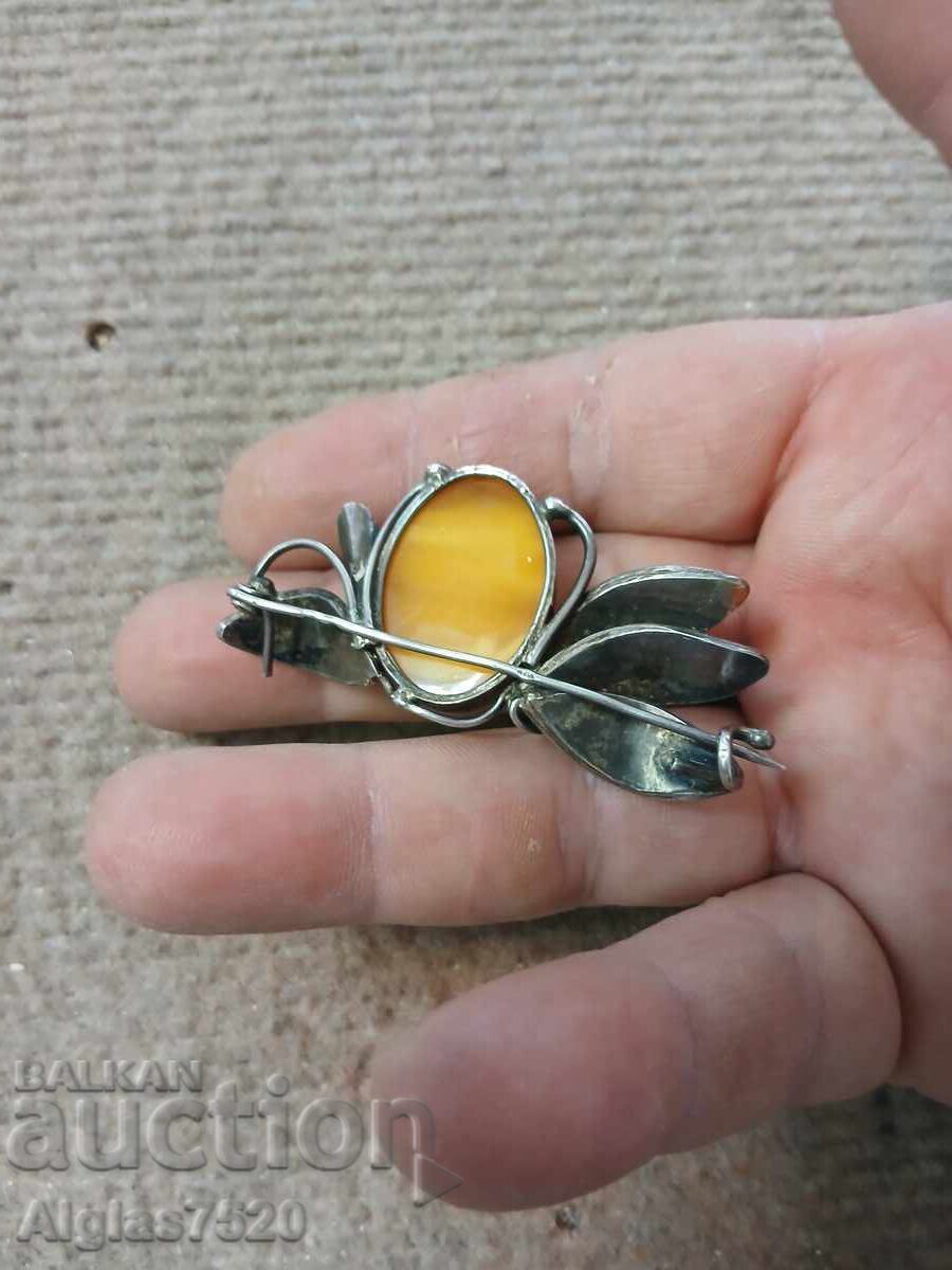 Old, worn, silver brooch with stone - 5