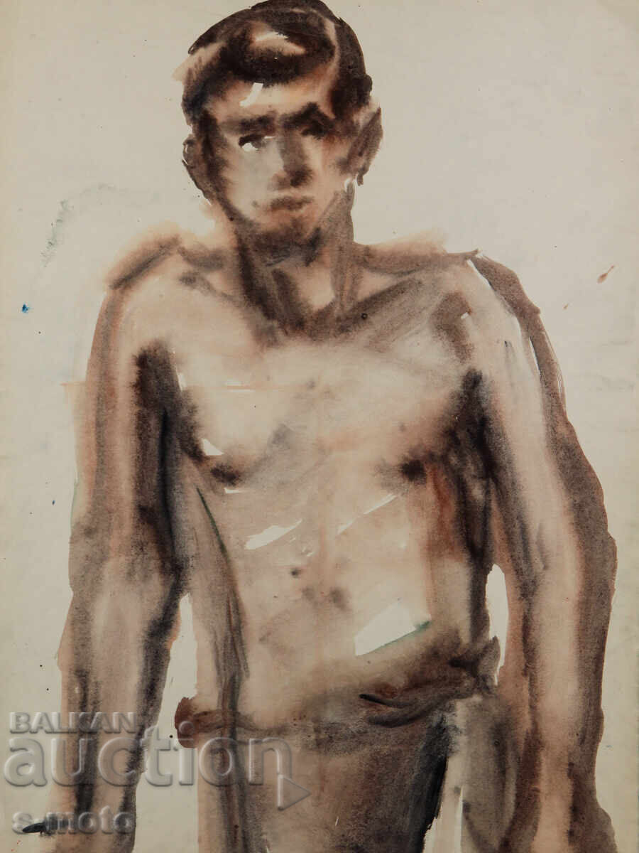 Watercolor painting male portrait nude body