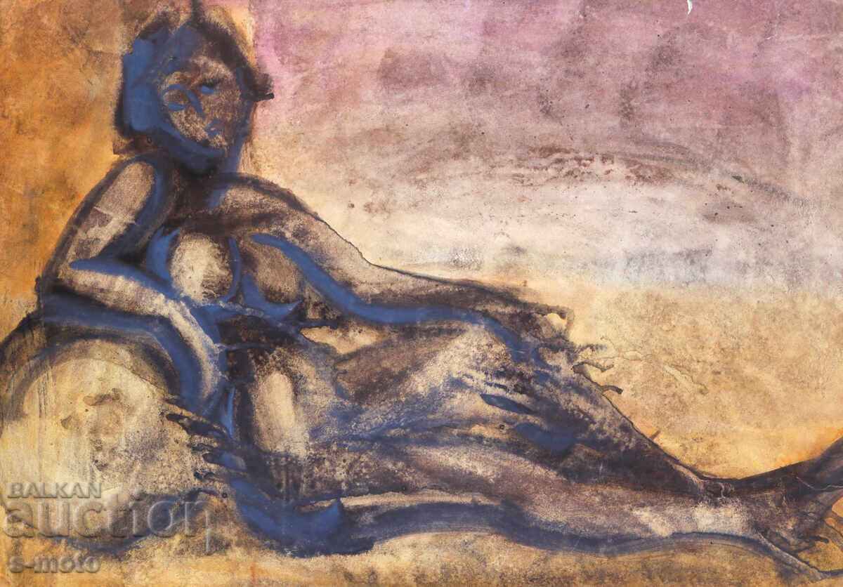 Auction  Watercolor painting female portrait nude body