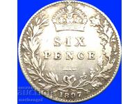 Marea Britanie 6 Pence 1897 Victoria Silver - Rar