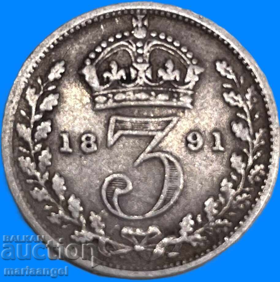 Marea Britanie 3 pence 1891 Victoria 1837-1901 argint - 5