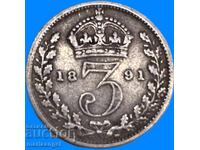 Marea Britanie 3 pence 1891 Victoria 1837-1901 argint