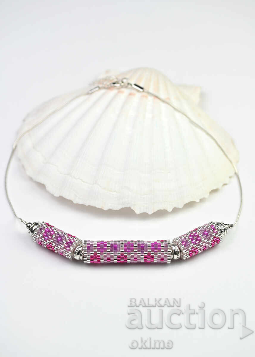 Colier argintiu, presărat cu flori mov-violet - 5