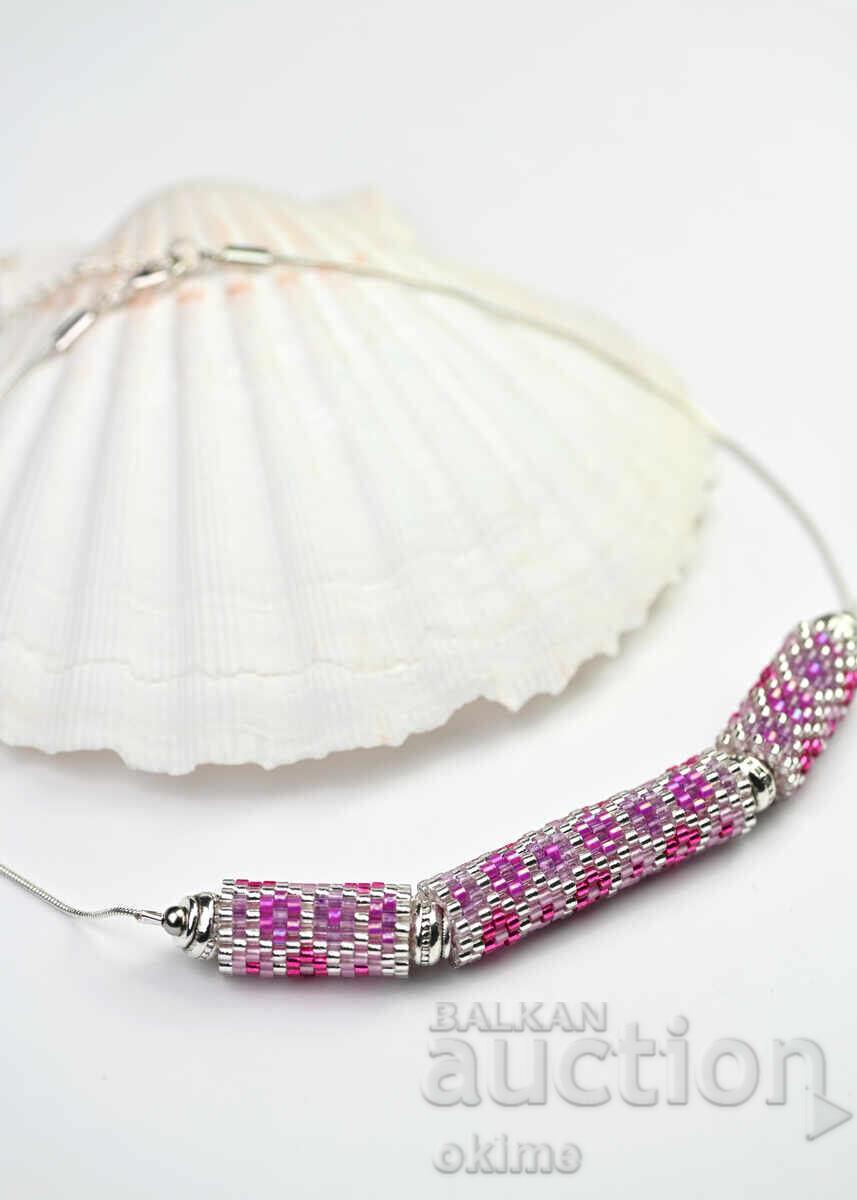 Colier argintiu, presărat cu flori mov-violet - 6