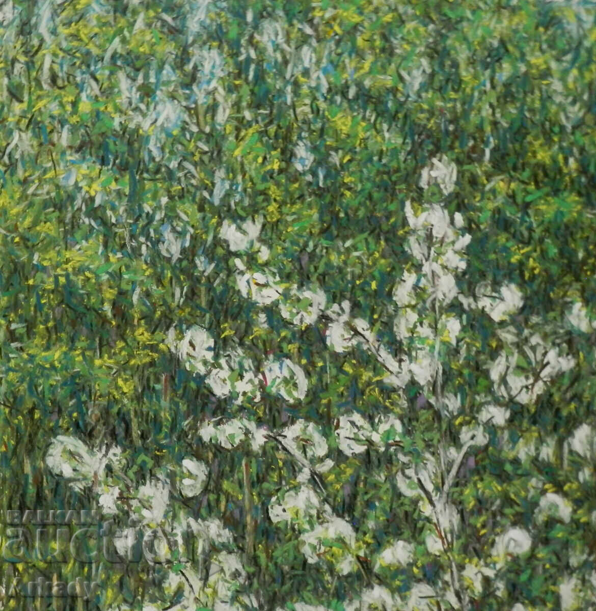 Черешов цвят върху поле от глухарчета. с цена € 800.00 | 1564.66 лв.