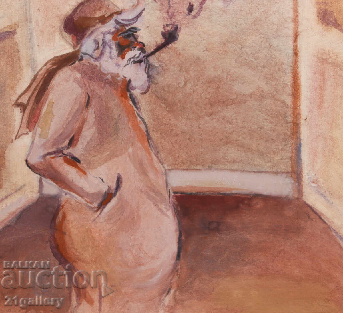 Иван Апостолов картина темпера Мъж със лула - 6