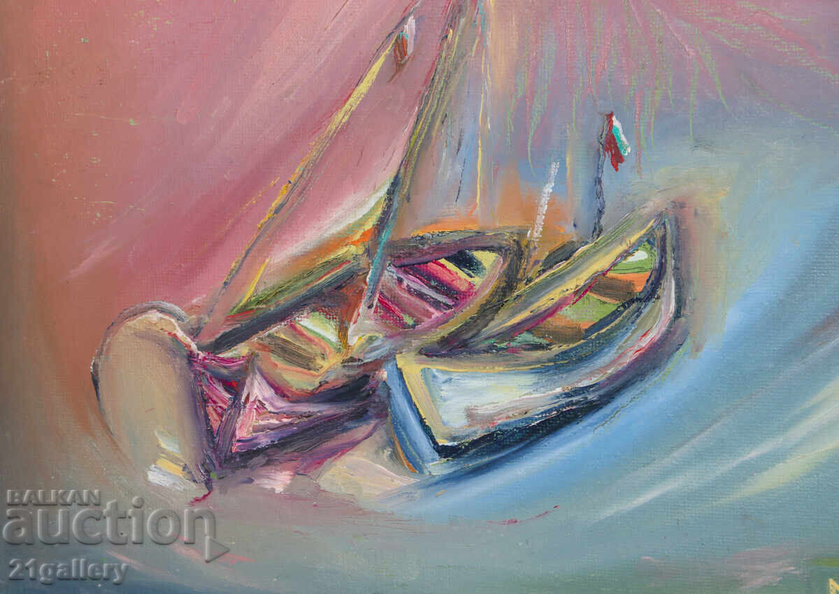 Доставка на Валентин Раденовски Маслени бои пейзаж със рибарски лодки