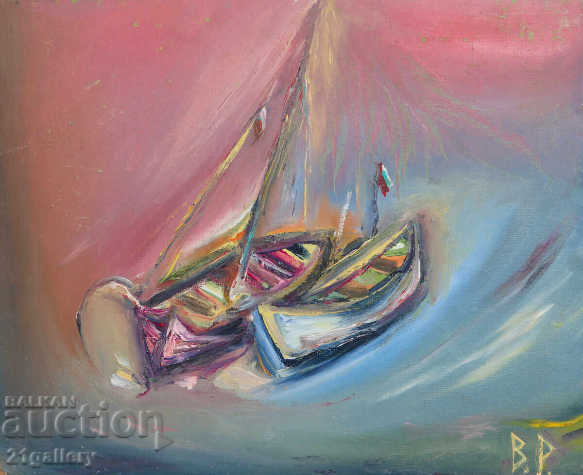 Валентин Раденовски Маслени бои пейзаж със рибарски лодки