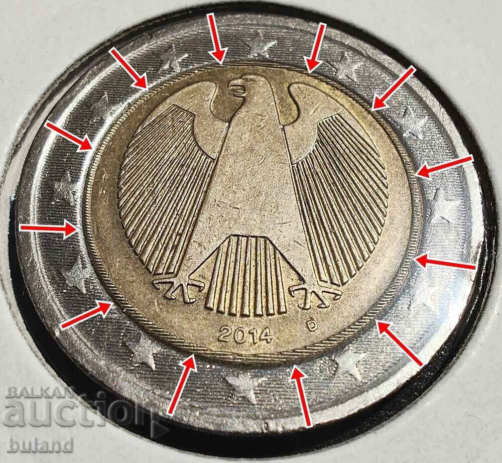 Γερμανία Σφάλμα Ευρωνομίσματος 2 Ευρώ 2014 D Σφάλμα Νομισματοκοπείου