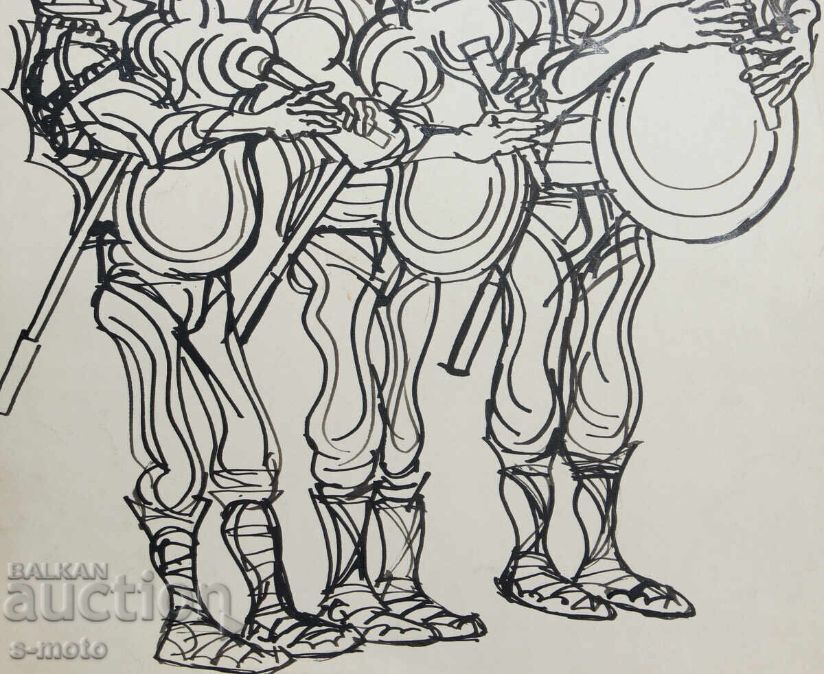 Pictură Petar Rashkov, tuș, ilustrație, Cimpoieri - 5