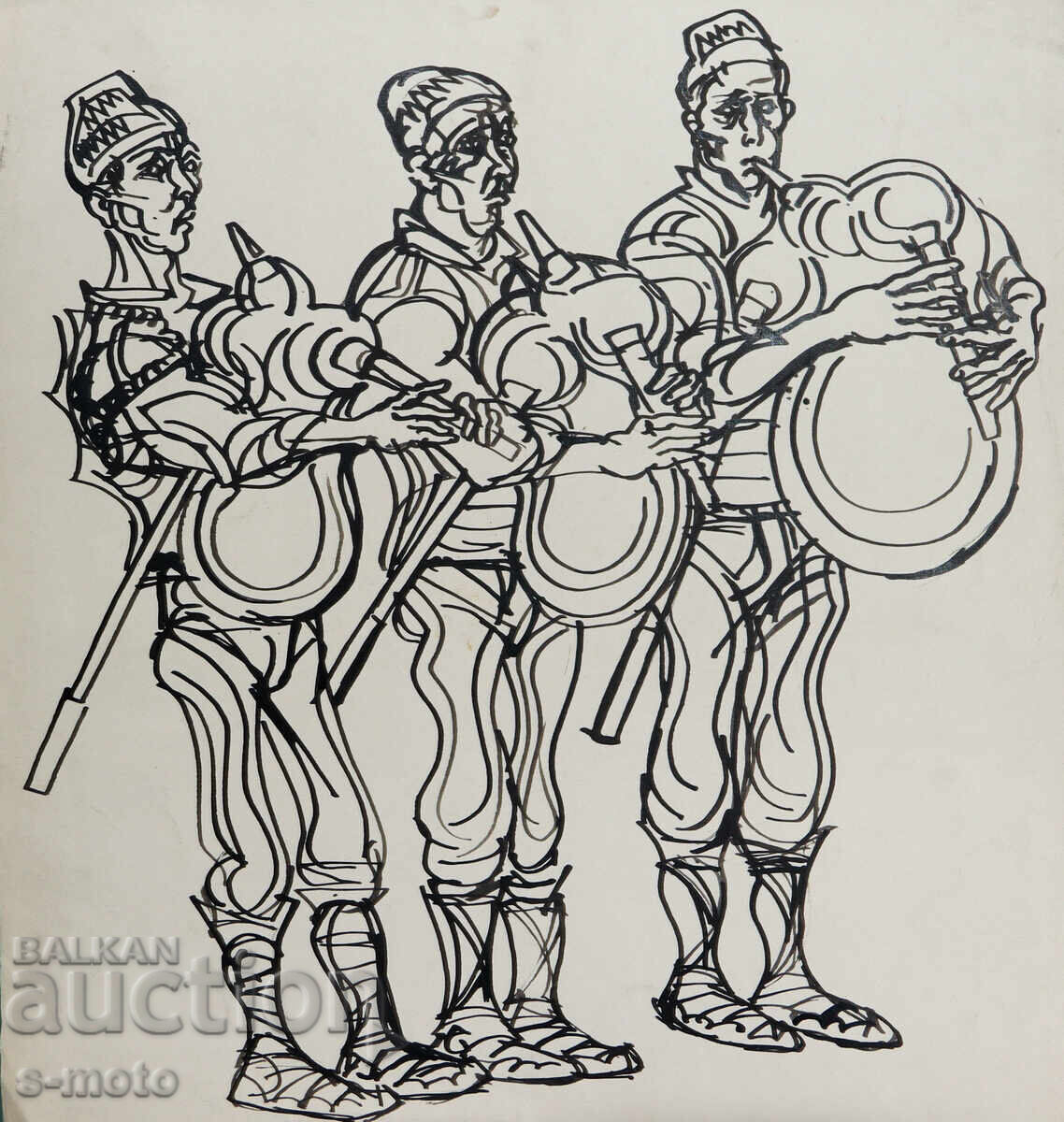 Pictură Petar Rashkov, tuș, ilustrație, Cimpoieri