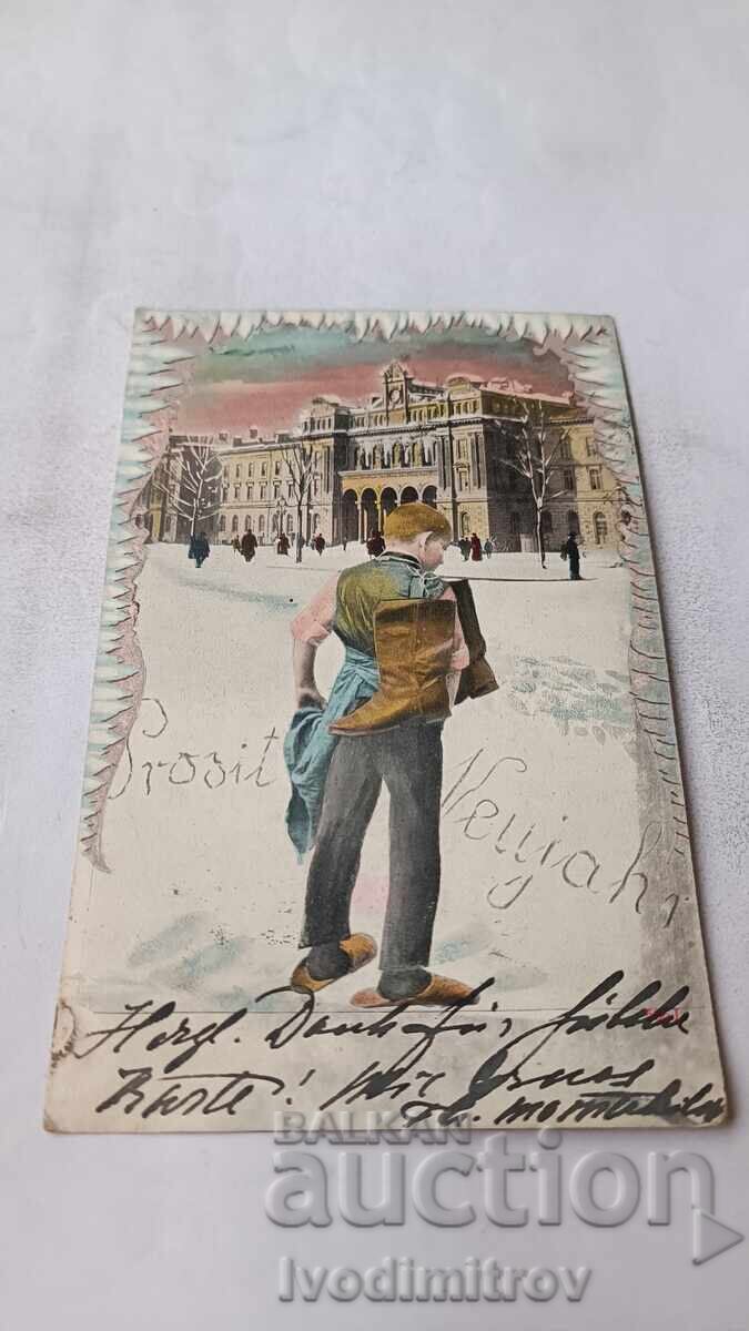 Postcard Boy with boots on shoulder and in slippers in the snow