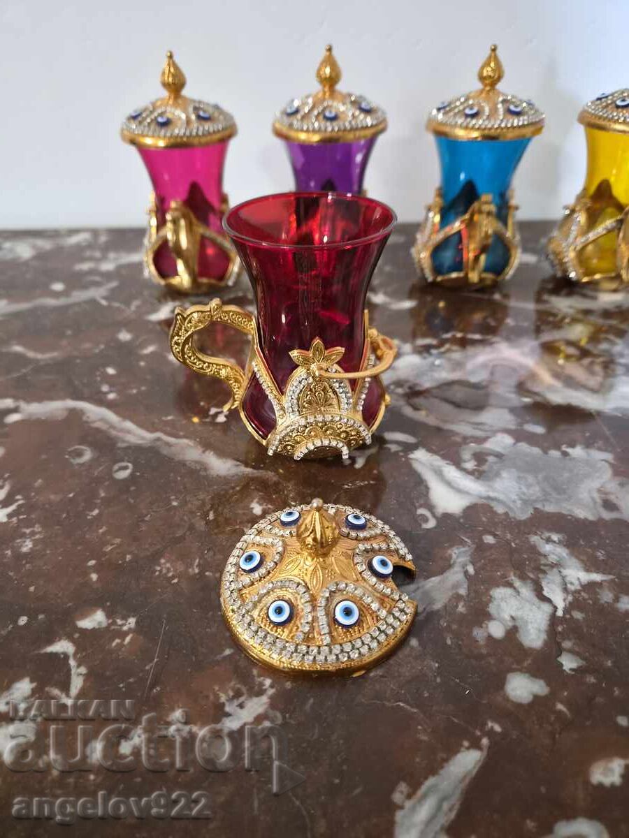 Γυάλινα φλιτζάνια για καφέ τσάι με μεταλλικά πιατάκια!!! - 5 Γυάλινα φλιτζάνια για καφέ τσάι με μεταλλικά πιατάκια!!! - 5