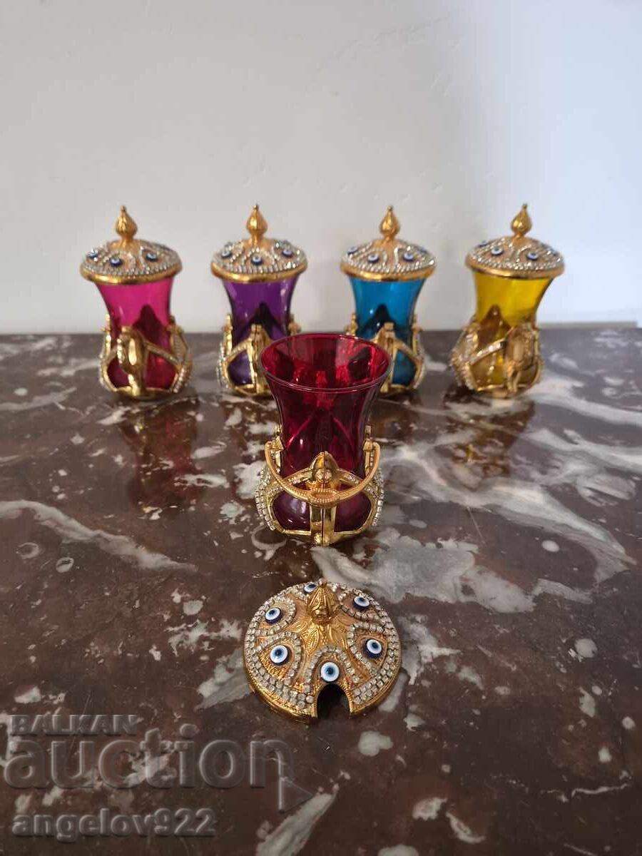 Γυάλινα φλιτζάνια για καφέ τσάι με μεταλλικά πιατάκια!!! - 6 Γυάλινα φλιτζάνια για καφέ τσάι με μεταλλικά πιατάκια!!! - 6