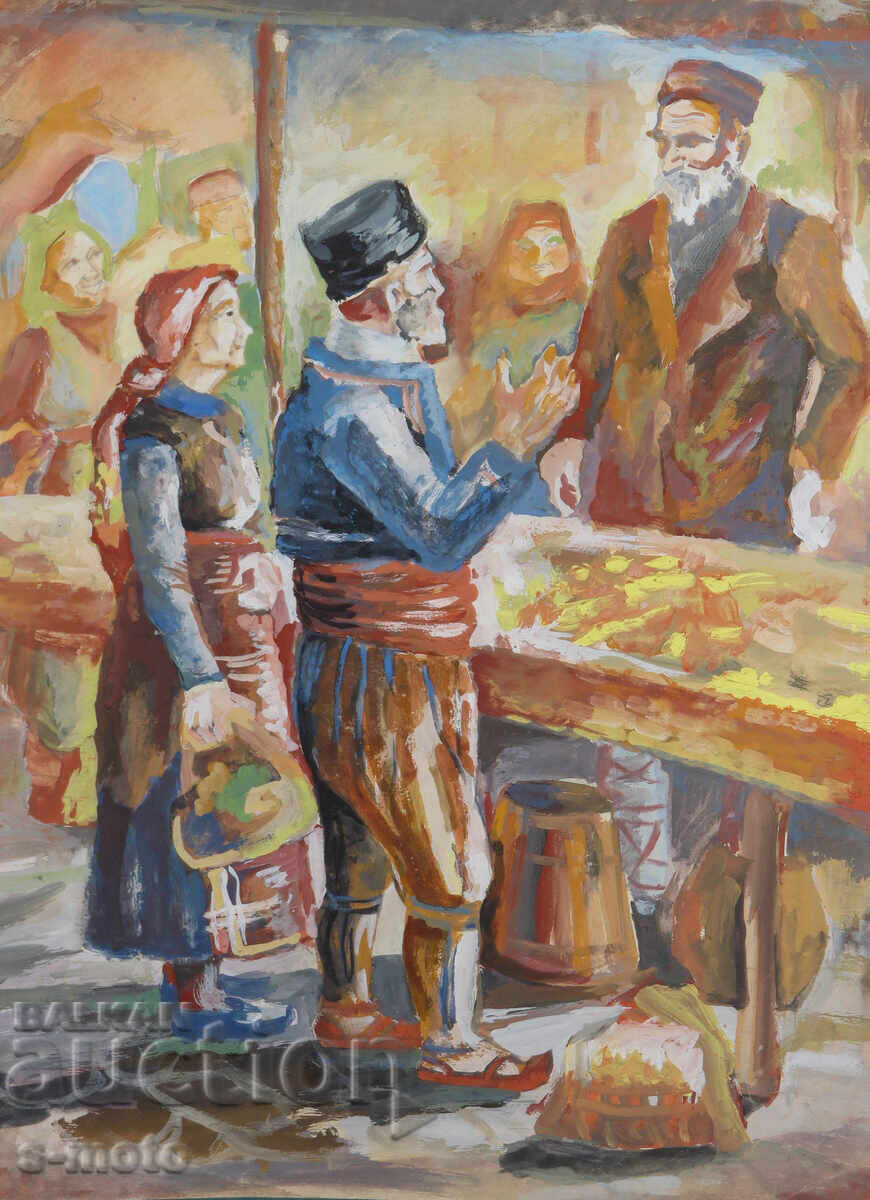 Δημοπρασία Πίνακας τέμπερα πορτρέτο "Στην αγορά"