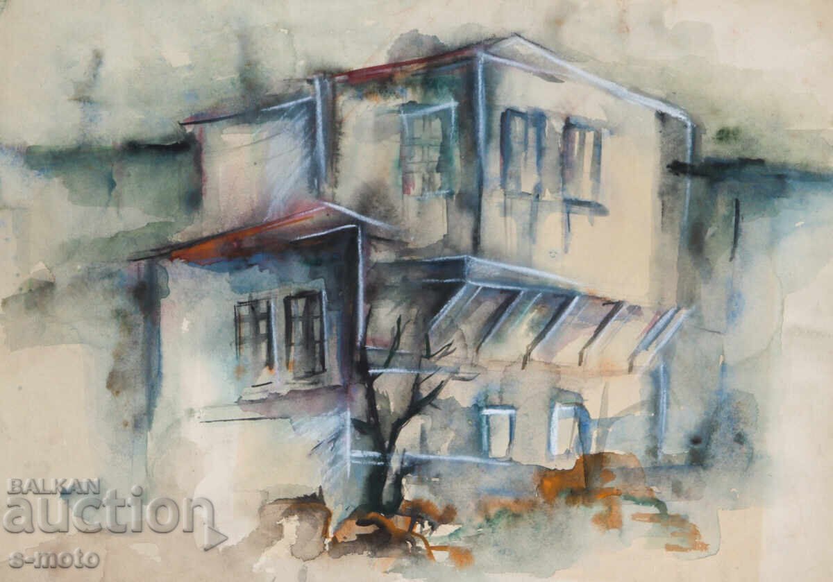 Стара картина селска къща кварел