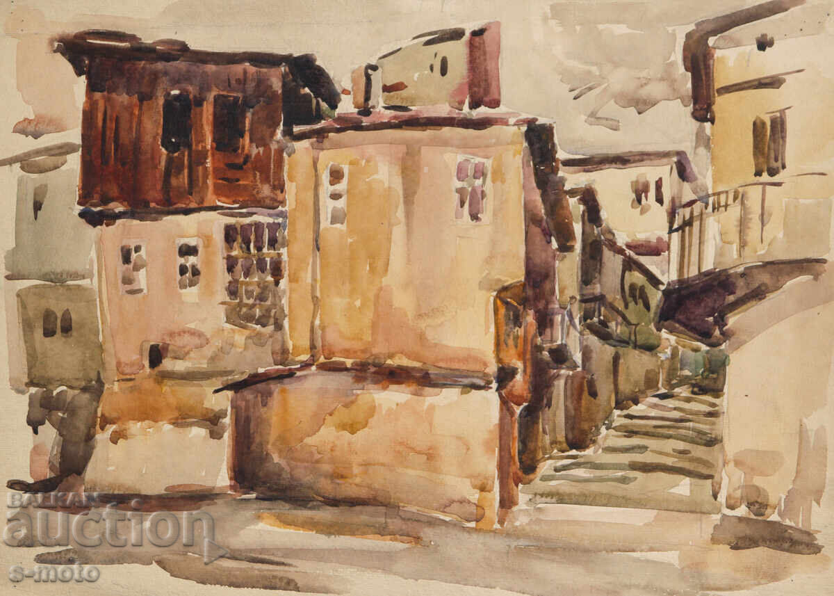 Stara kartina gradski peĭzazh akvarel