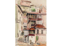 Стара картина градски пейзаж акварел