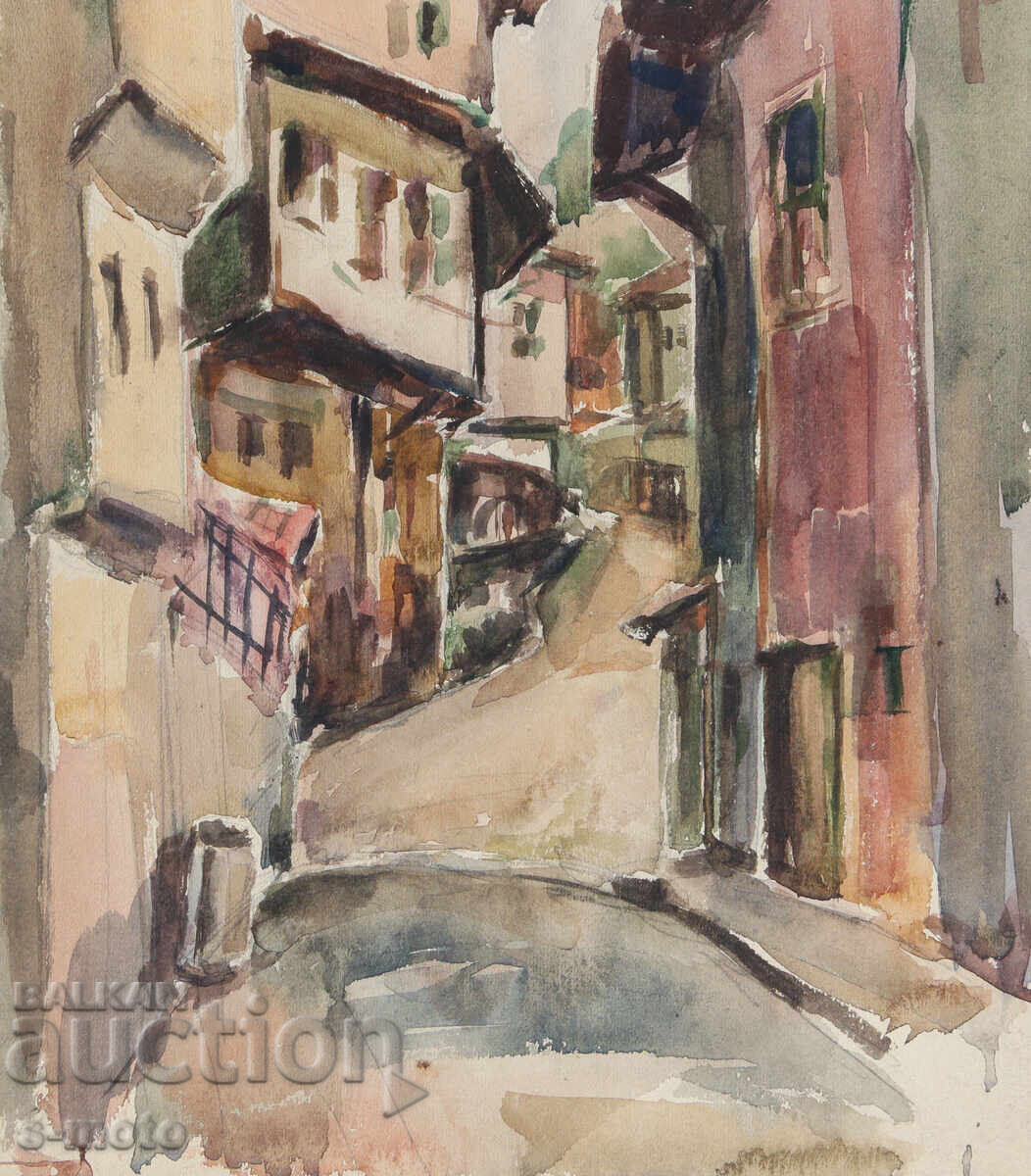 Стара картина градски пейзаж акварел - 5 Стара картина градски пейзаж акварел - 5