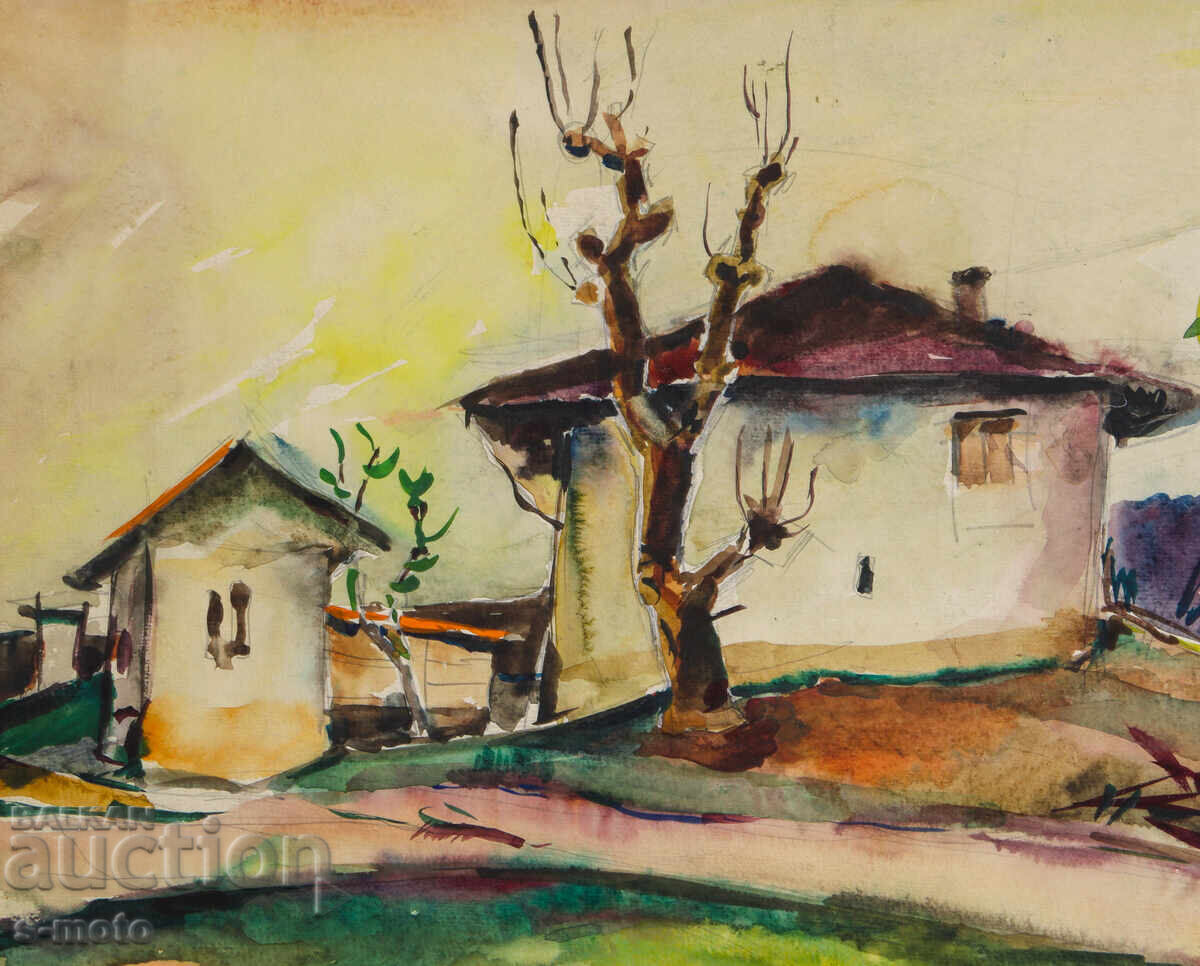 Παράδοση Παλιά ζωγραφιά αγροτικό τοπίο ακουαρέλα