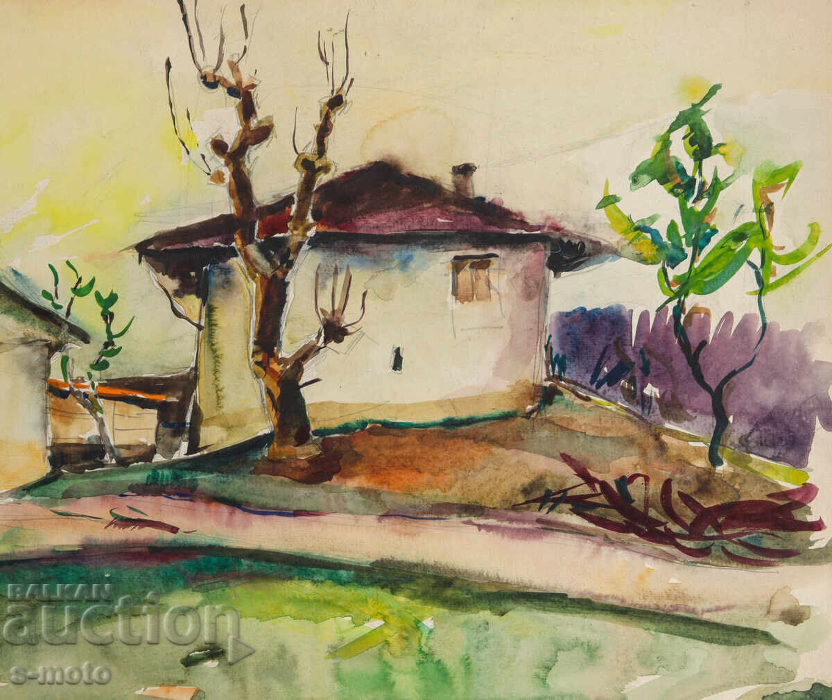 Παλιά ζωγραφιά αγροτικό τοπίο ακουαρέλα - 5