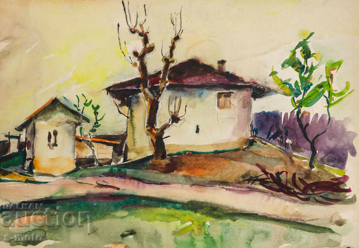 Παλιά ζωγραφιά αγροτικό τοπίο ακουαρέλα