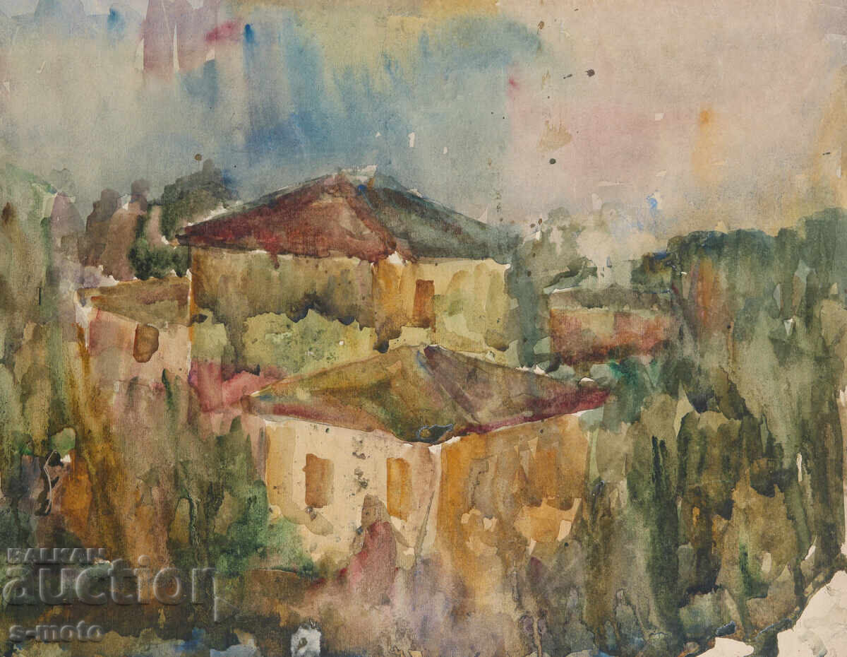 Παλιά ζωγραφιά αγροτικό τοπίο ακουαρέλα - 5