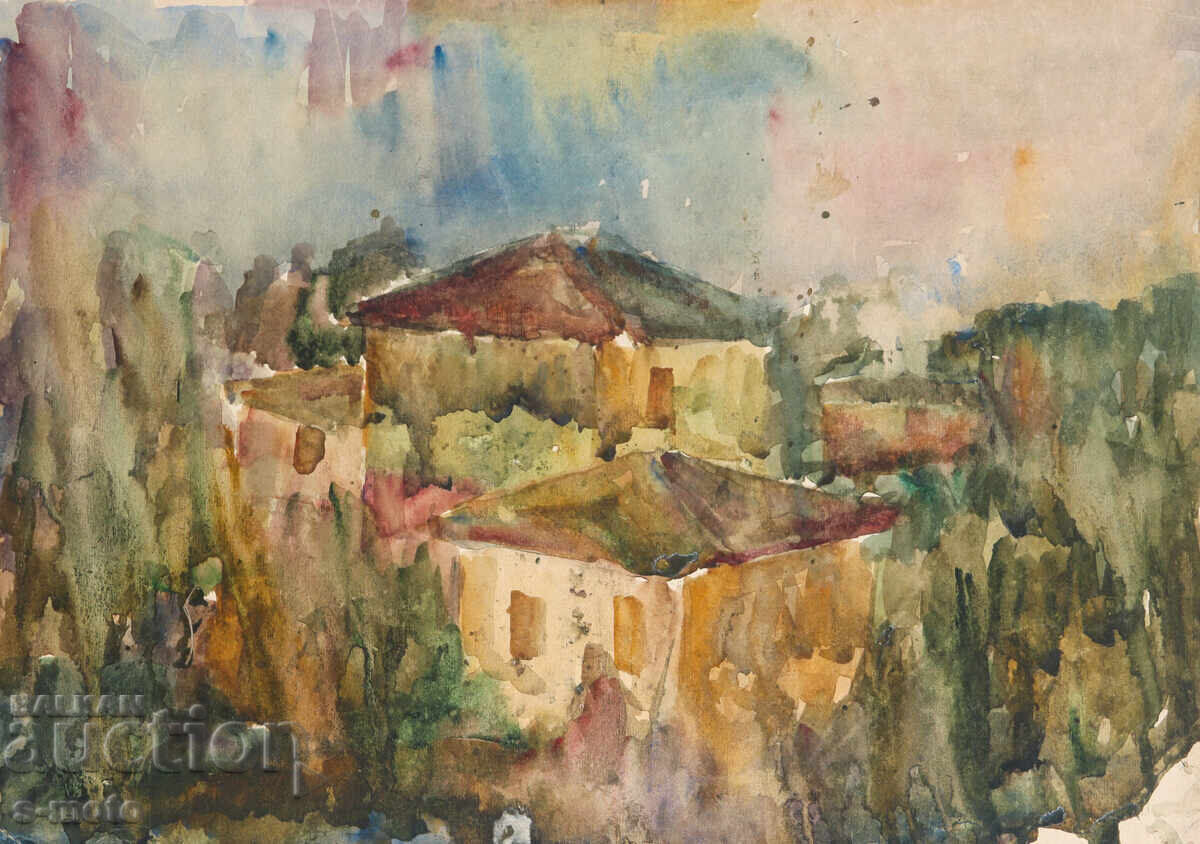 Παλιά ζωγραφιά αγροτικό τοπίο ακουαρέλα