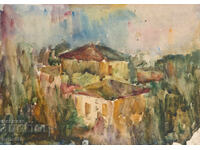 Παλιά ζωγραφιά αγροτικό τοπίο ακουαρέλα