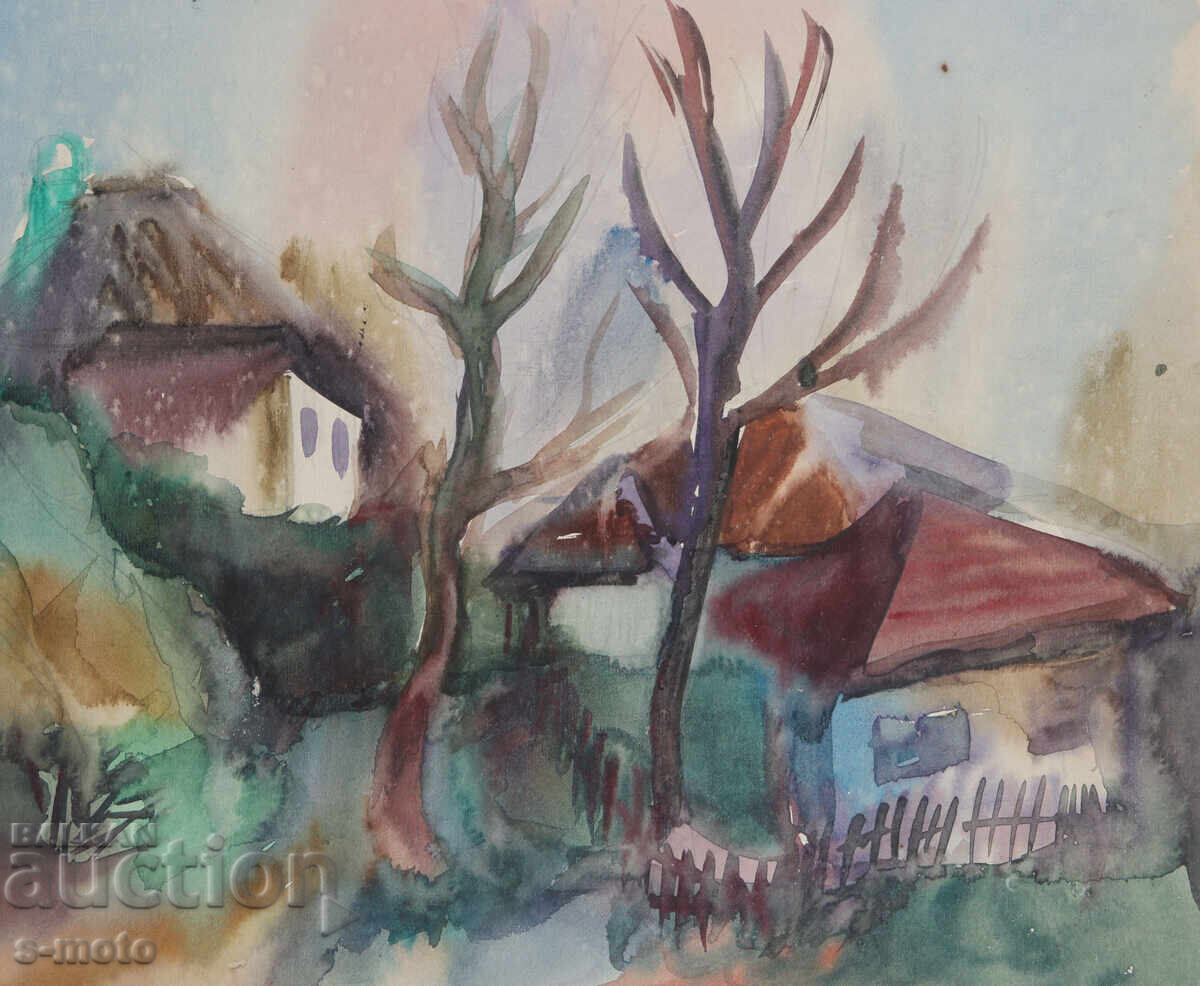 Kартина акварел селски пейзаж, къщи - 5