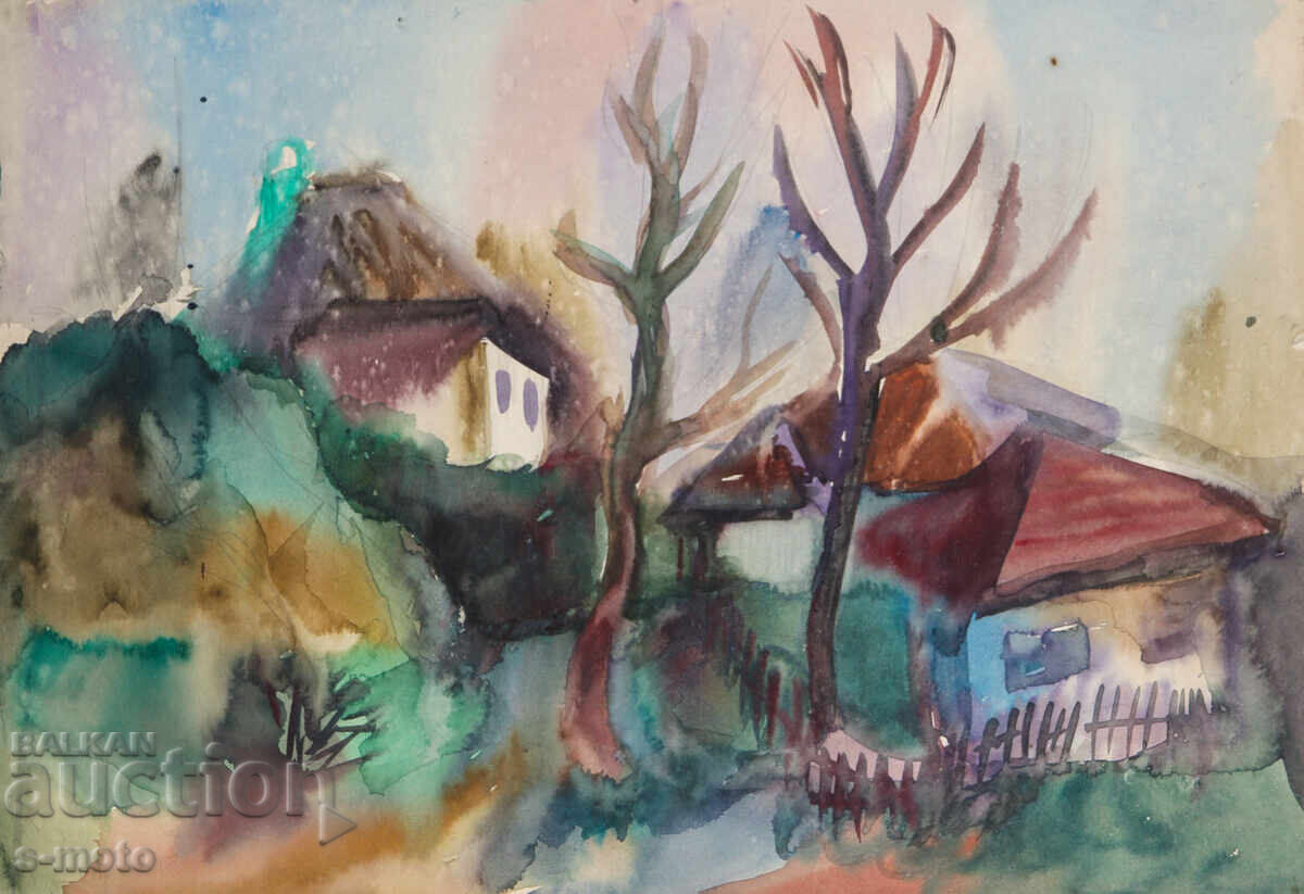 Kартина акварел селски пейзаж, къщи