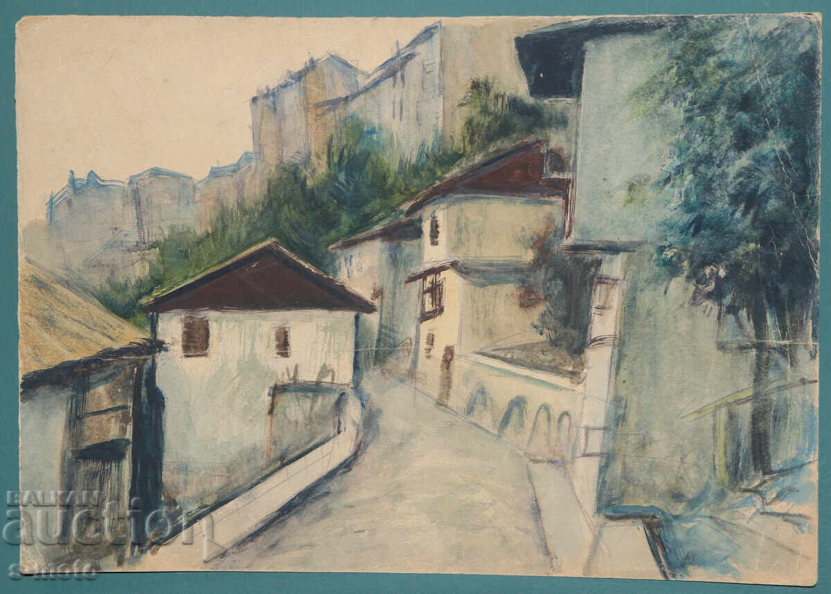 Стара картина градски пейзаж акварел с цена € 120.00 | 234.70 лв.