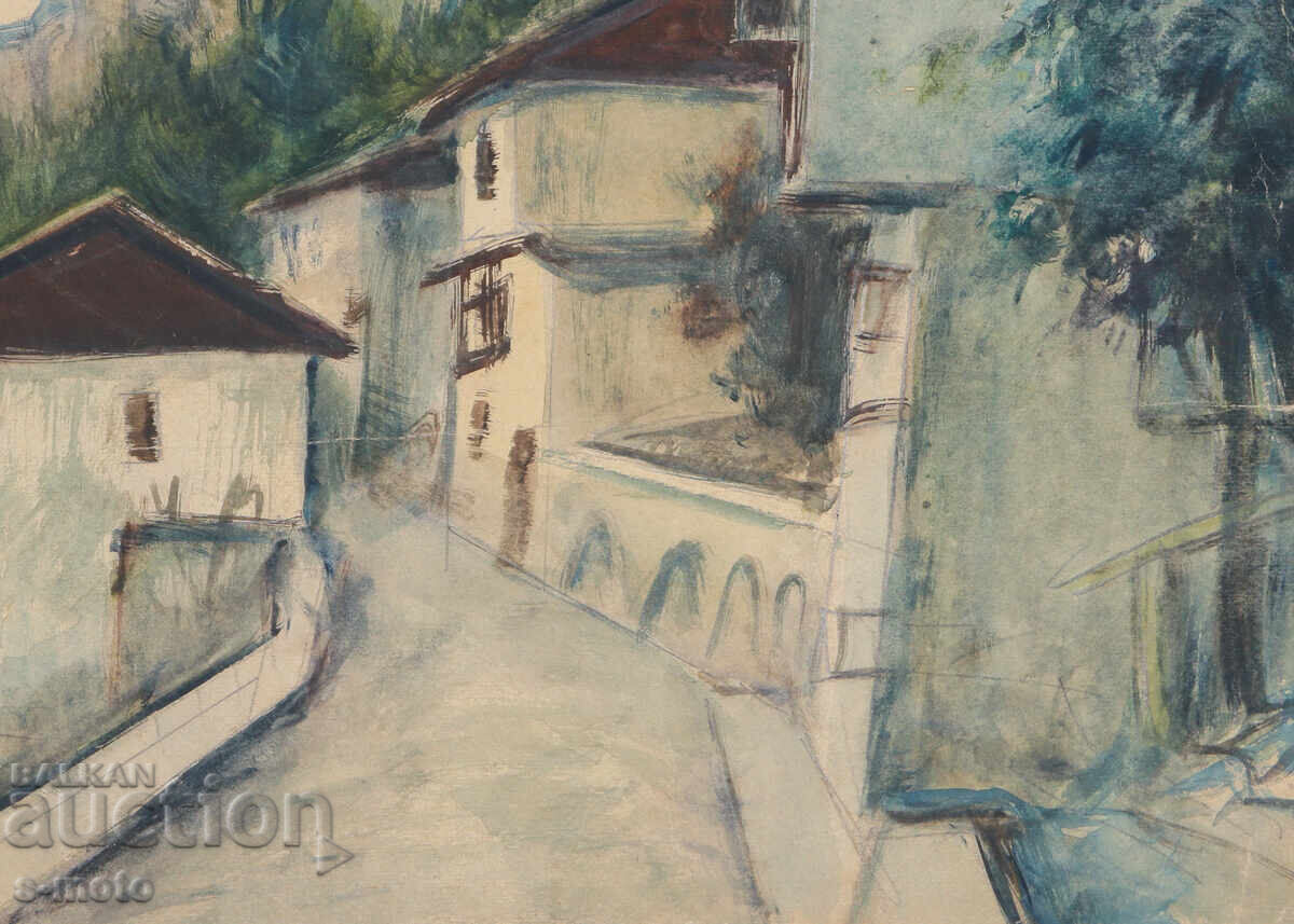 Стара картина градски пейзаж акварел - 5