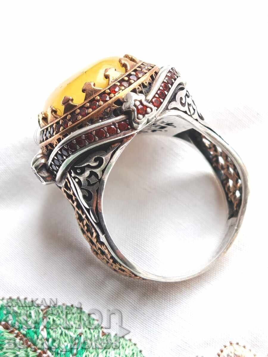 Μεγάλο Πολυτελές Ασημένιο Δαχτυλίδι Σουλτάνου με Κεχριμπάρι - 5