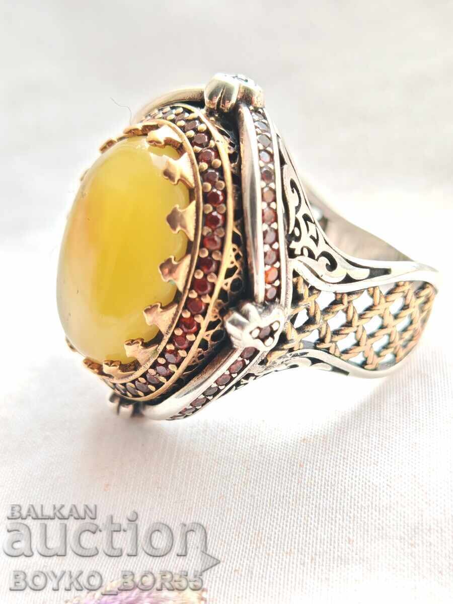 Μεγάλο Πολυτελές Ασημένιο Δαχτυλίδι Σουλτάνου με Κεχριμπάρι - 6