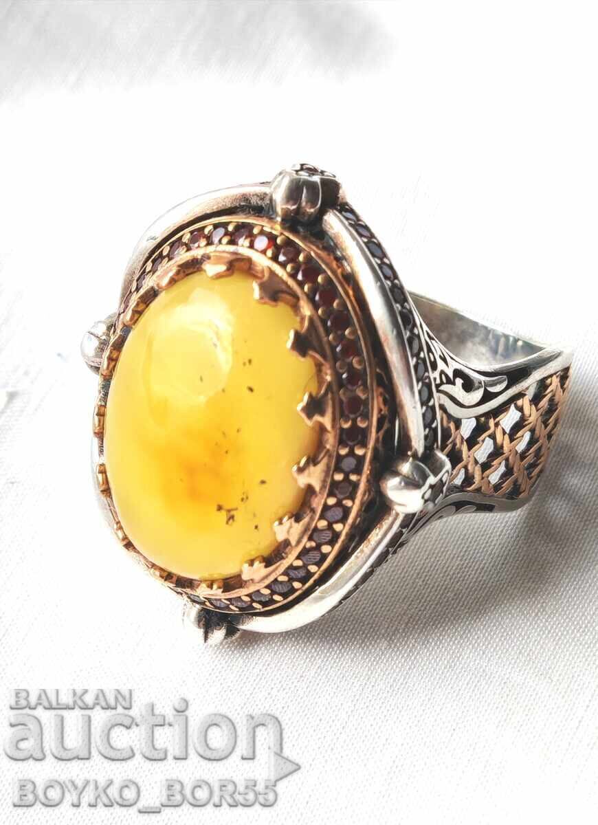 Μεγάλο Πολυτελές Ασημένιο Δαχτυλίδι Σουλτάνου με Κεχριμπάρι