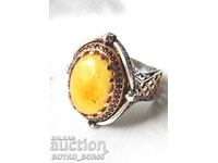 Μεγάλο Πολυτελές Ασημένιο Ανδρικό Δαχτυλίδι Σουλτάνου με Κεχριμπάρι