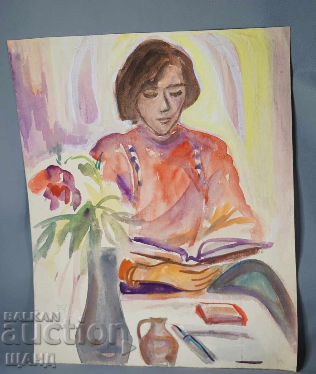 1973 Майсторска рисунка картина акварел портрет жана подпис
