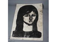 Stara avtorska risunka grafika portret litse zhena podpisana