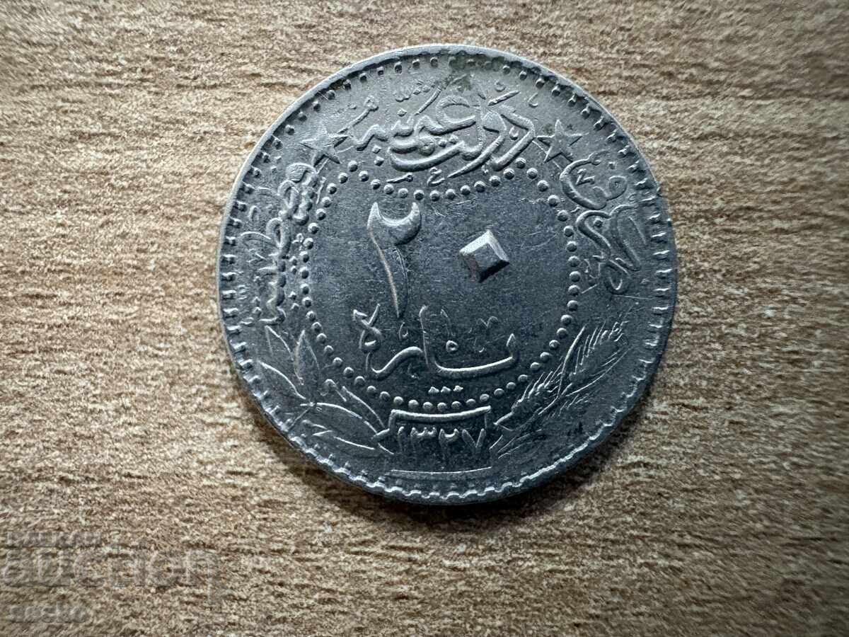 Τουρκία - 20 παράδες (1909) - "Reshat" δεξιά από την τουγκρά - '٥'