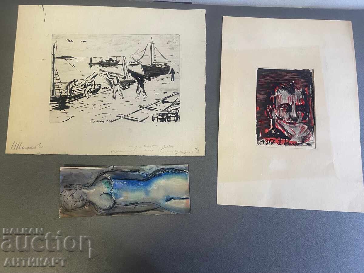 3 desene acuarelă și tuș de Nikolai Nikov Nicheto