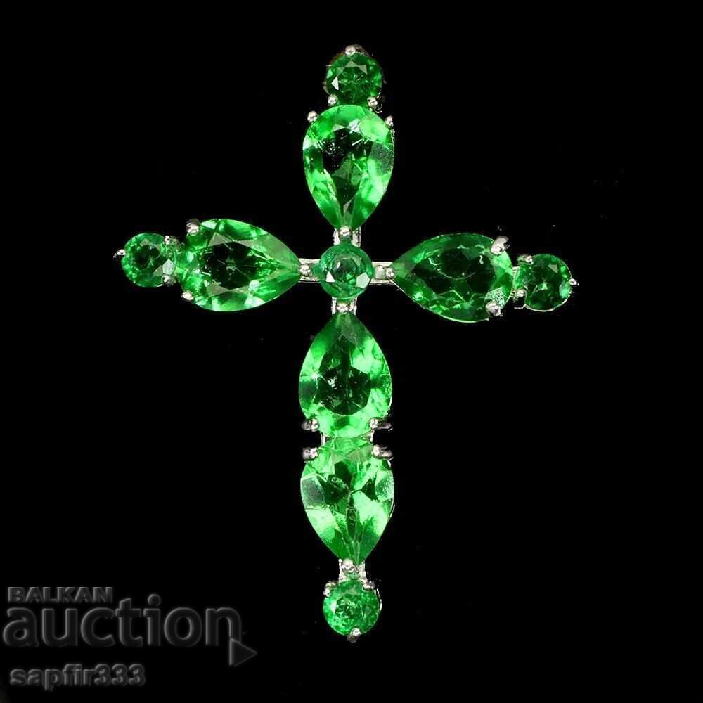 SUPERB MEDALION DIN ARGINT ÎN FORMĂ DE CRUCE CU TOPAZ VERDE BRAZILIAN