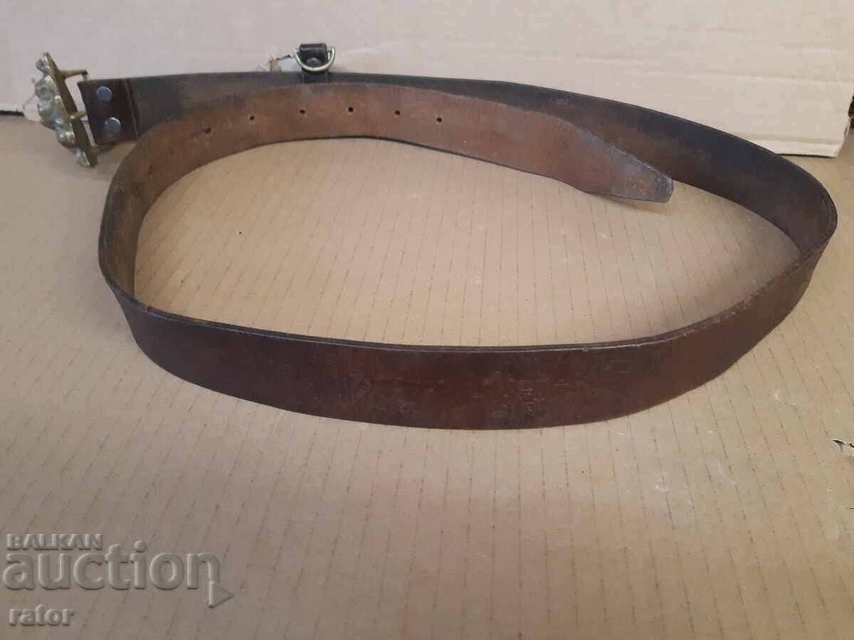 Πολύ παλιό δερμάτινο ζωνάρι με ογκώδη αγκράφα - μπρούτζινη κεφαλή λιονταριού - 5