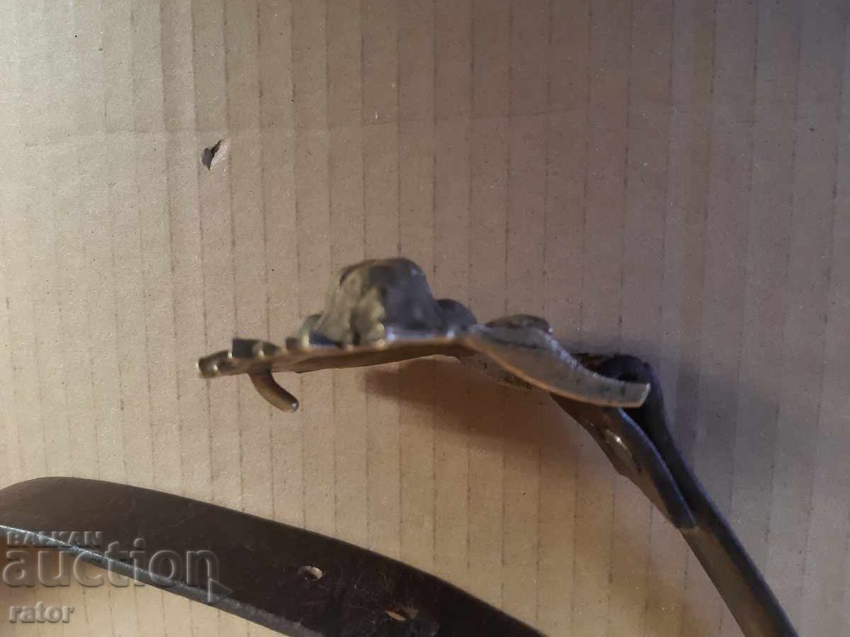 Πολύ παλιό δερμάτινο ζωνάρι με ογκώδη αγκράφα - μπρούτζινη κεφαλή λιονταριού - 6