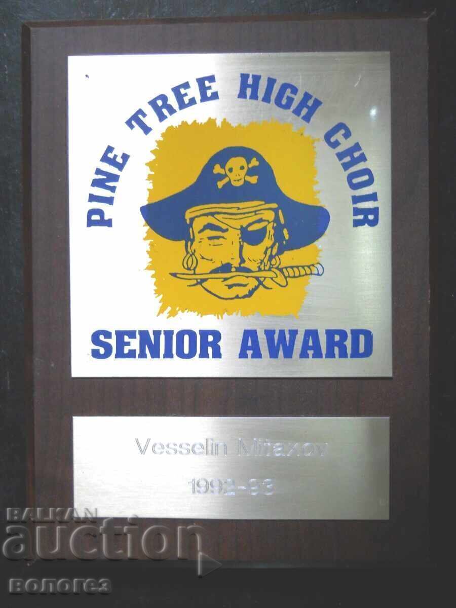 Award plaque from a college in Texas, USA