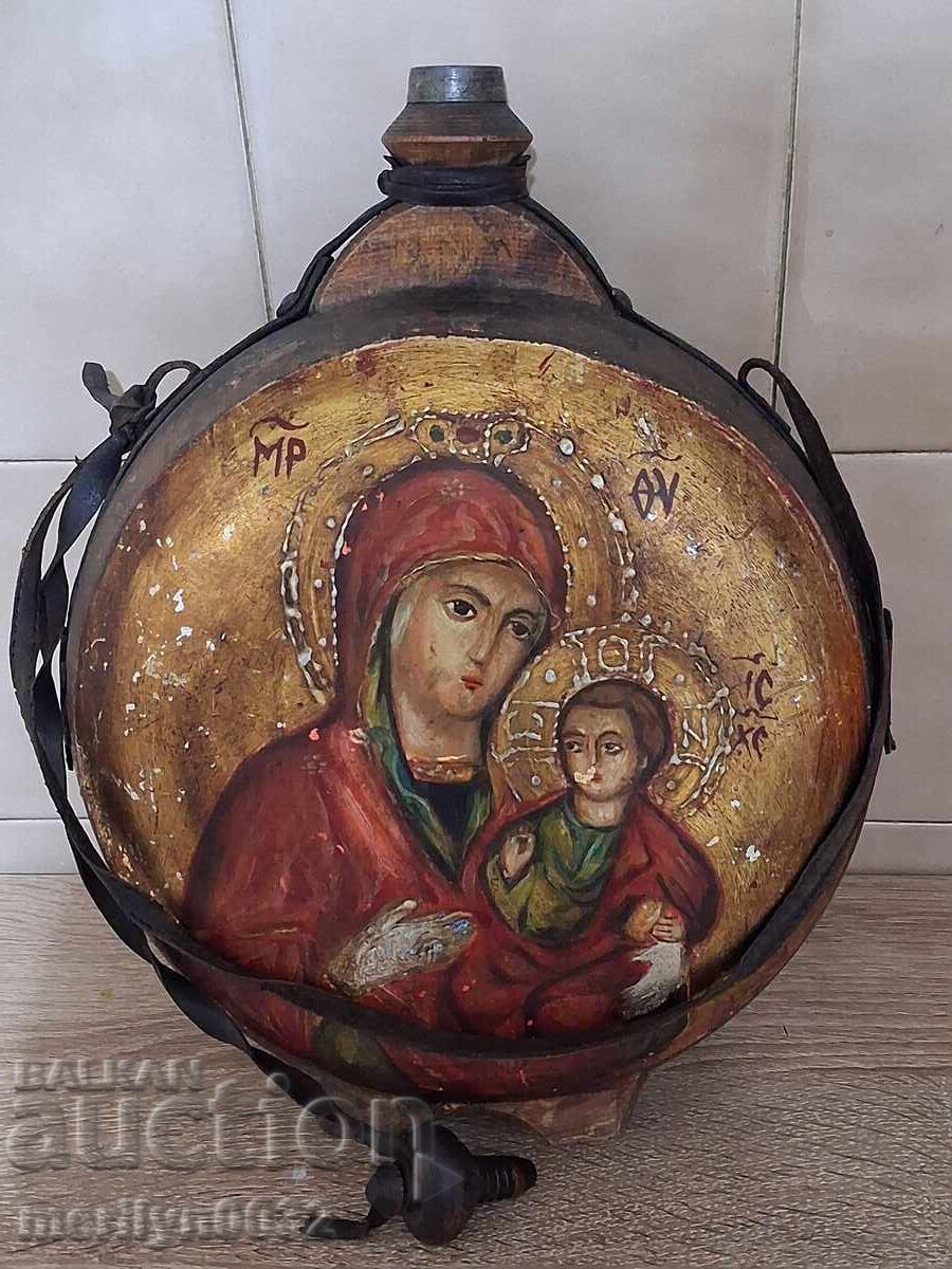 Παλιά γραπτή στάμνα, μπουκάλι, παγούρι από ξύλο, ξύλινη - 6