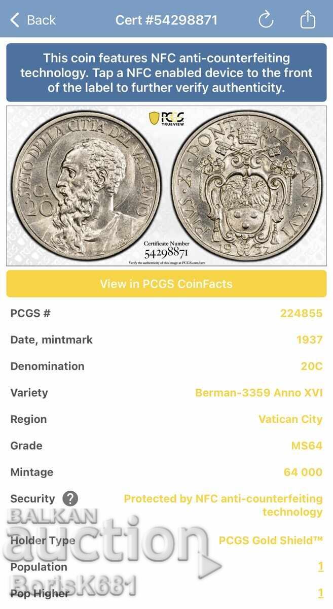 Livrarea Vatican 20 centesimi 1937 MS64 trueview