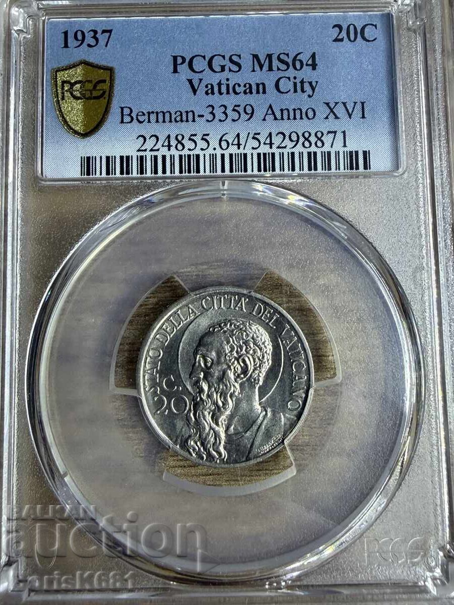 Vatican 20 centesimi 1937 MS64 trueview