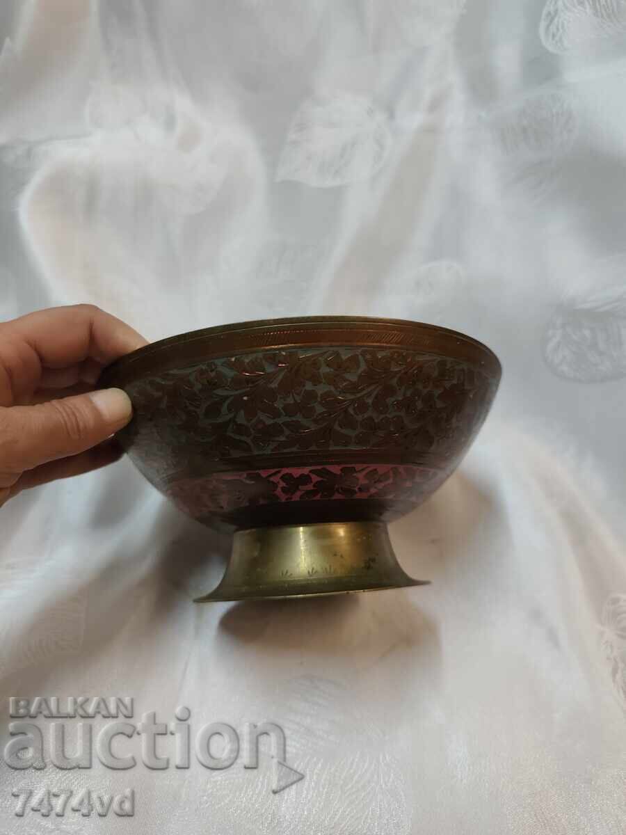 BRONZE BOWL WITH COLORED ENGRAVED ORNAMENTS - 5